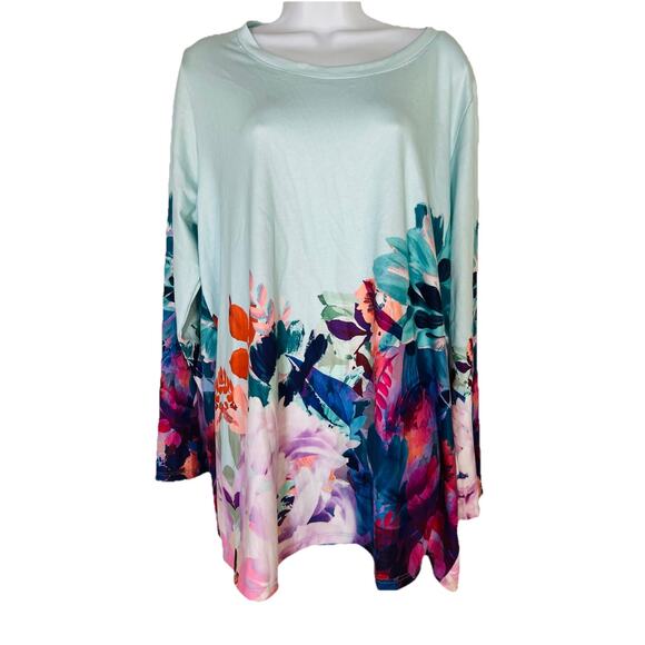 Soft Surroundings Floral Tunic Top Pasaia Aqua Stretch Long Sleeve Women’s Sz 1X - Picture 1 of 11